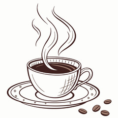 Obraz premium Vector art of a steaming cup of coffee with coffee beans is a perfect start to the day