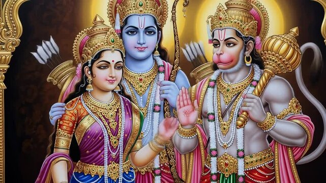 Lord Rama, Sita, and Hanuman Traditional Indian Painting of Hindu Deities, Vibrant Colors, Gold Accents, Religious Art, Cultural Heritage, Divine Trio, Spiritual Artwork