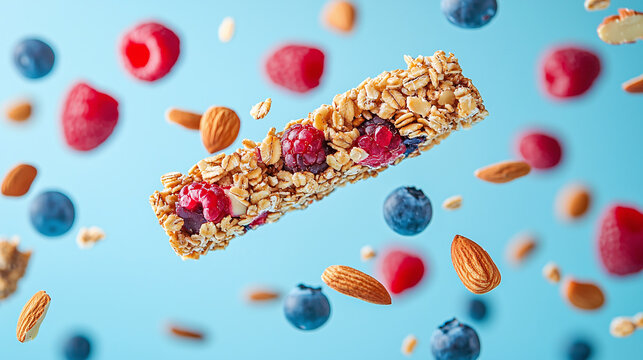 Falling granola bar around blueberries and raspberries on blue background