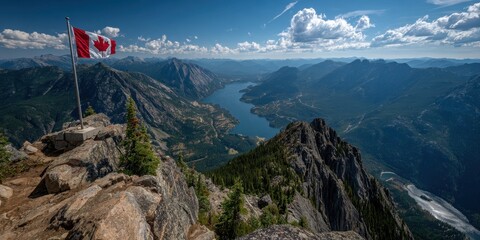 Scenic canadian mountain view with flag overlooking serene lake and valley