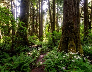 Fototapeta premium Lush forest path bathed in sunlight (1)