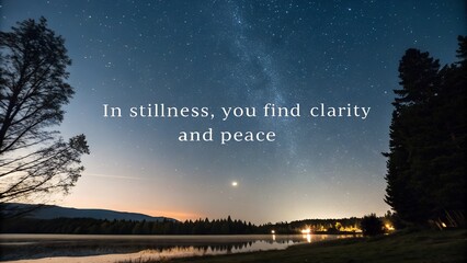 Night sky with stars and a lake, inspiring quote about stillness and peace.