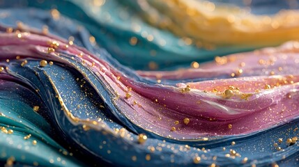 Abstract flowing waves of blue, pink, and gold with shimmering glitter, creating a luxurious and ethereal texture