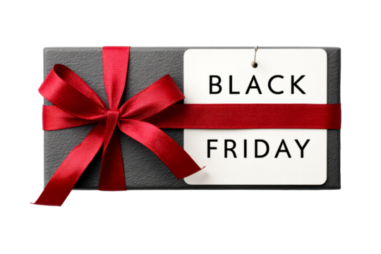 Holiday gift box with red ribbon and tag