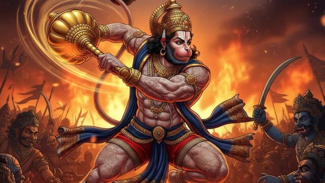 Powerful Hanuman in Battle Dynamic Digital Illustration of Hindu Deity in Fiery Combat, Ideal for Religious Art, Mythology, and Cultural Prints