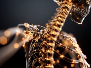 Closeup of a glowing human skeleton with illuminated nerve pathways and bokeh lights against a dark background