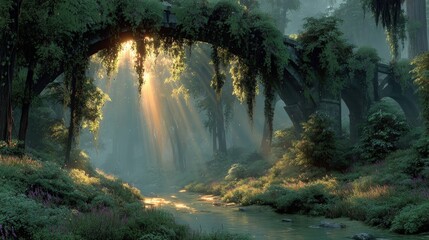 Sunbeams pierce through the canopy of an ancient forest, illuminating a mystical pathway over a gentle stream
