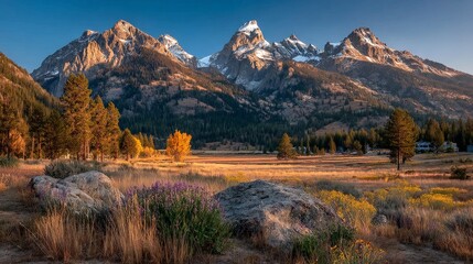 Majestic teton mountain range bathed in golden morning light with wildflowers in the foreground and pine forest