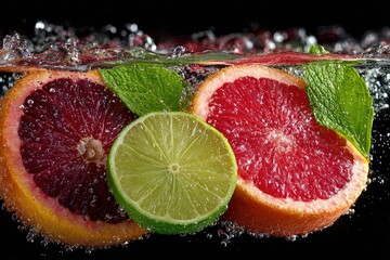 Juicy citrus slices in water with bubbles and mint