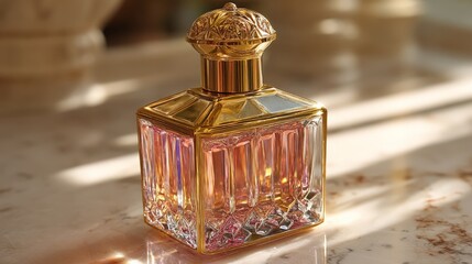 Luxurious vintage perfume bottle with ornate gold accents and pink liquid, displayed on a marble surface with soft sunlight