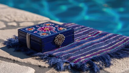 Ornate blue box rests on patterned cloth by pool