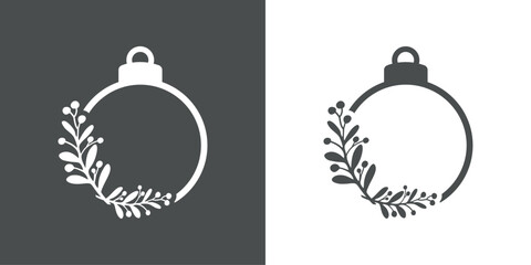 Tiempo de Navidad. Logo con silueta de bola de navidad con rama con hojas y bayas de muérdago o acebo para tarjetas y felicitaciones