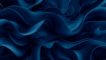 Fototapeta premium the edges of the folded dark blue background fabric, 3D illustration of abstract dark blue slippery fabric with twisted folds, blue silk satin background