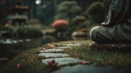 Closeup of a stone buddha statue in a serene japanese garden with a pond and stepping stones