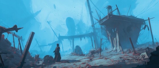 Surreal post-apocalyptic landscape with shadows.