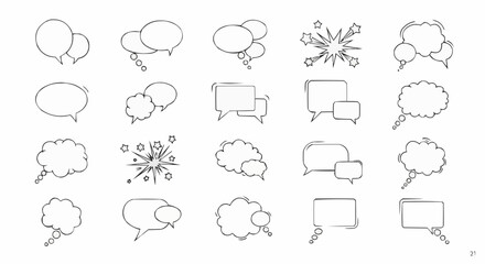Obraz premium Set of speech bubbles in various shapes, hand-drawn style, black outline.