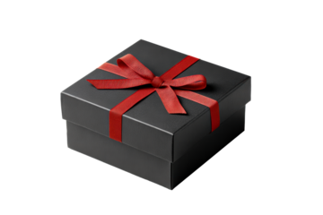 Black gift box with red ribbon, ready to give