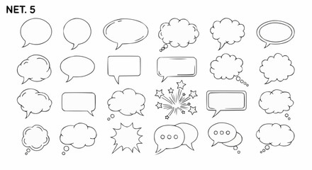 Set of 24 hand-drawn speech bubbles and thought clouds in various doodle styles, isolated on a white background.
