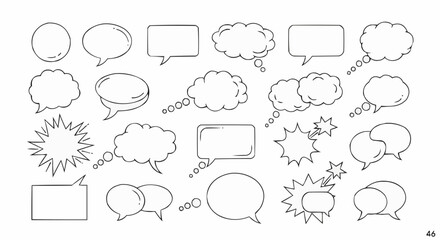 Obraz premium A large collection of hand-drawn outline speech bubbles, thought bubbles, and comic burst shapes on a white background, perfect for graphic design.