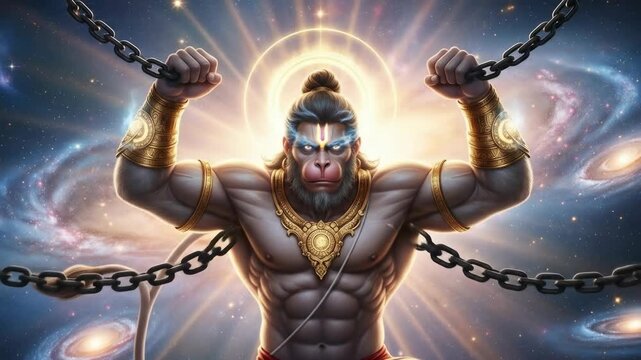 Powerful Digital Art Depiction of Hanuman Breaking Chains Against a Cosmic Background Strength, Divinity, and Liberation in Hindu Mythology