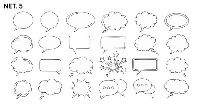 Set of 24 hand-drawn speech bubbles and thought clouds in various doodle styles, isolated on a white background.