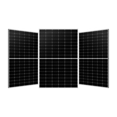Three monocrystalline solar panels with half-cut cell design arranged at angles, isolated on white background for renewable energy projects.