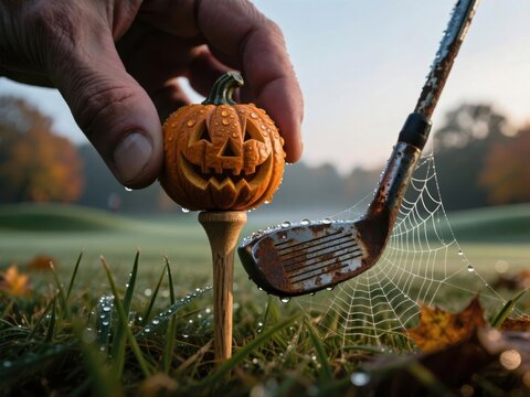 A hand places a carved Halloween pumpkin on a golf tee with a rusty golf club and spiderweb.