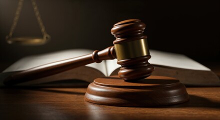Symbol of Justice: A close-up shot depicts a gavel resting on a wooden block, placed atop an open law book, and a scale of justice, symbolizing the essence of the legal system.