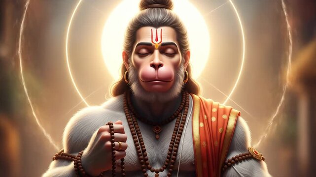 Serene Hanuman Digital Painting of Hindu Deity in Peaceful Meditation, Ideal for Religious Art, Spirituality, and Indian Culture Themes