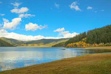 Golden forests surround serene alpine lakes, reflecting clouds Pudacuo National Park, Yunnan, China, Shangri-La, lake