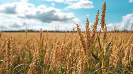 Fototapeta premium Golden grain field under a partly cloudy sky.
