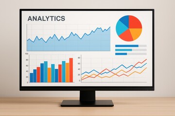 Business Analytics on Display: A sleek monitor showcases a comprehensive array of data analytics, presenting insightful charts and graphs that visualize crucial business metrics. 
