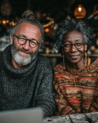 Elderly diverse couple smiling happily together, sitting outdoors at a table with a laptop, enjoying each others company