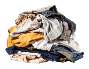 A messy pile of various clothes, with some folded beige and white shirts and crumpled blue jeans stacked haphazardly.