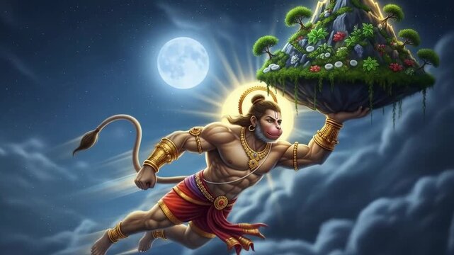 Powerful Digital Painting of Hanuman Carrying Sanjeevani Mountain Hindu Mythology, Epic Strength, Divine Power, Night Sky, Fantasy Art, Religious Art, Illustrative Artwork, Celestial Being