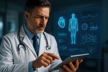 Obraz premium Medical professional's data assessment: A dedicated medical professional meticulously reviews data, assessing vital metrics and patient information with unwavering focus.