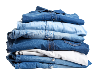 A neat stack of folded blue jeans, creating a clean and uniform column of pants.