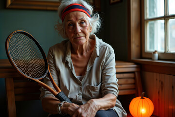 An elderly woman with white hair holds a tennis racket, sitting indoors with a pumpkin decoration.