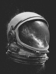 Monochrome astronaut helmet, cosmic nebula reflected within visor, against dark space