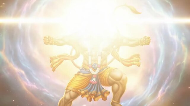 Powerful Digital Illustration of Hindu God Hanuman in Heroic Stance with Divine Aura, Cosmic Background, and Traditional Indian Attire for Religious and Cultural Projects