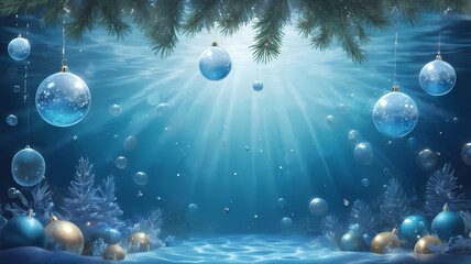 Magical underwater Christmas background with floating ornaments, pine branches and bubbles in soft blue light. Perfect for holiday cards, posters, digital art, festive designs, web banners and decor.
