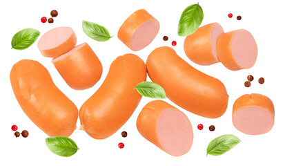 sliced boiled sausages isolated on white background. clipping path