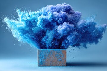 Blue powder explodes from a box against a blue background
