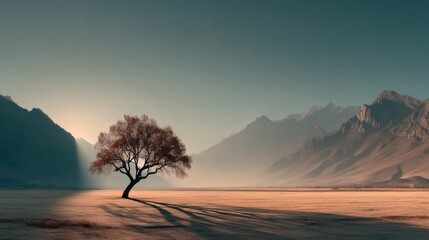 A solitary tree stands in a vast, dry field with mountains in the background during golden hour
