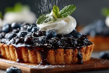 Blueberry tart with whipped cream and powdered sugar