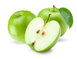 green apples with green leaves isolated on white background. clipping path