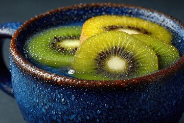 Close-up of kiwi slices in a blue mug