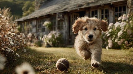 A fluffy golden retriever puppy runs happily towards the camera with a ball in a grassy yard