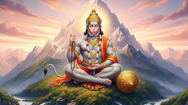 Serene Illustration of a Hindu Deity Meditating in a Mountainous Landscape at Sunrise, Depicting Spiritual Harmony and Tranquility, Ideal for Devotional and Cultural Projects