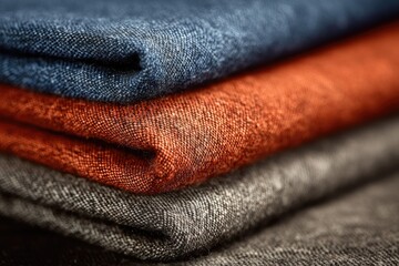Stacked fabric swatches in blue, burnt orange, and grey